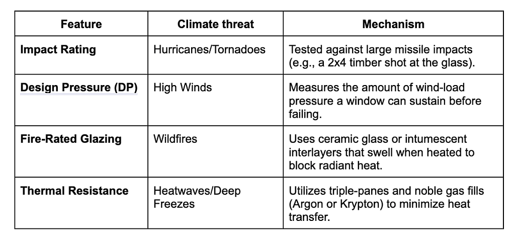 Table listing climate threats to consider and the window features and mechanism to match with.