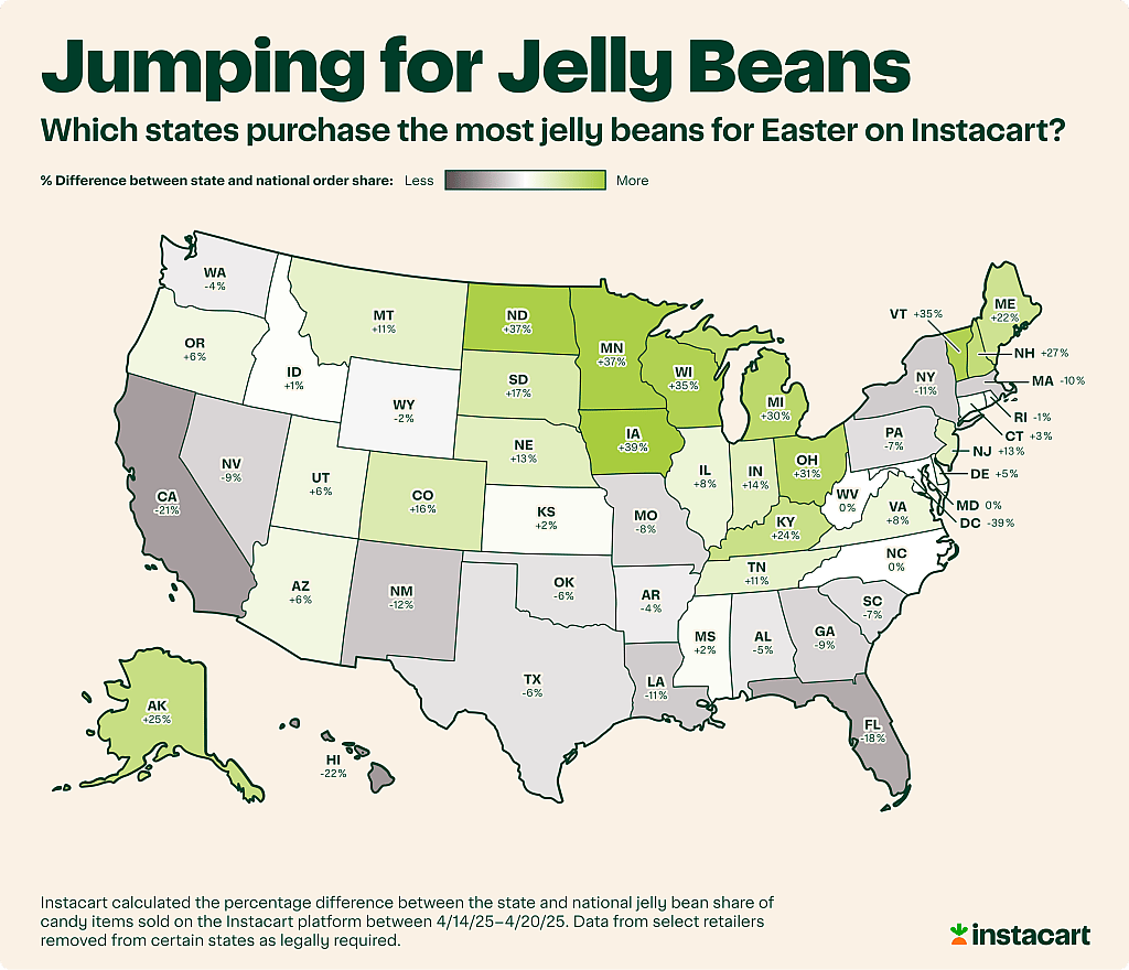 A data map of the US showing which states purchase the most jelly beans for Easter on Instacart.