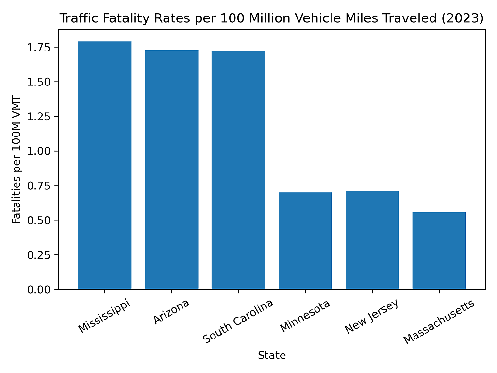 Data bar chart showing traffic fatality rates per 100 million vehicle miles traveled (2023).