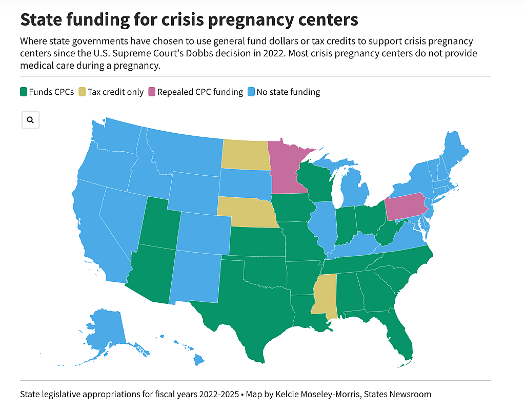 A data map of the US showing where state funding for crisis pregnancy centers are most provided.