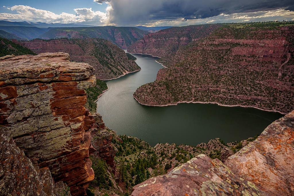A view from above the Green River where it flows through Red Canyon and Flaming Gorge.
