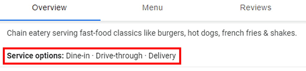 An example of service options that appear in the overview of a Google Business profile.