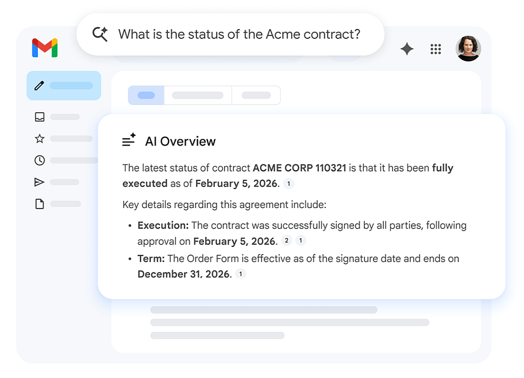 A screenshot of Google Gemini's AI overview in Google Mail. 