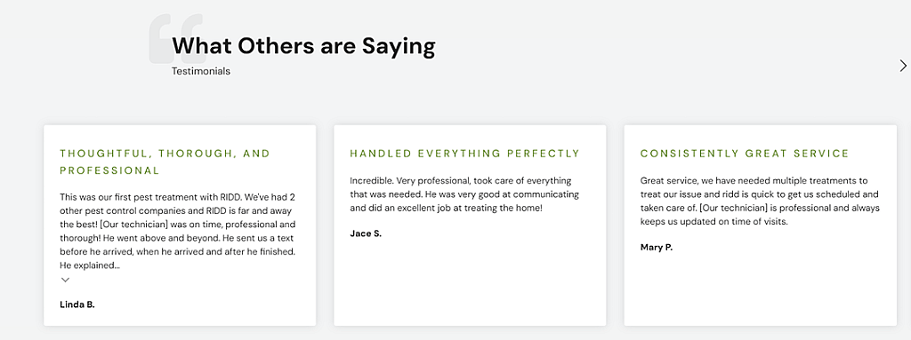 An example of a set of testimonials for a brand that signal trust.