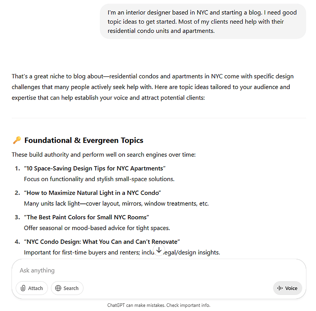 An example of asking ChatGPT to generate topic ideas by using one's target audience and  buyer persona.