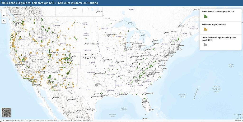 A screenshot of an interactive map created for RE:PUBLIC by The Wilderness Society that shows public lands within a ten-mile radius of towns with a population greater than 5,000.