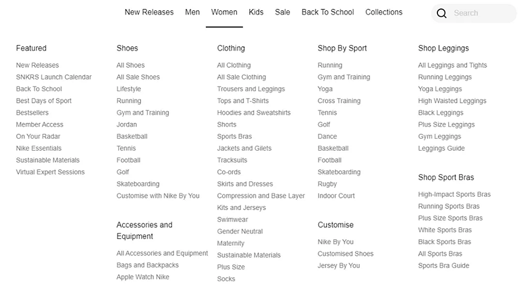 A screenshot of a navigation menu from an online store's website.