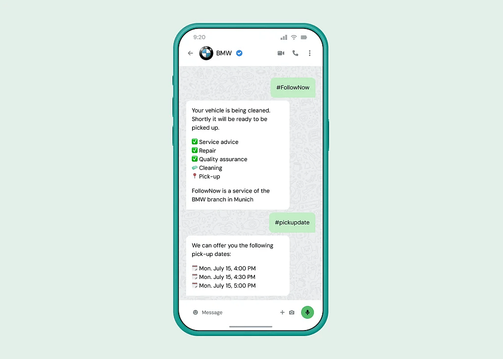 A screenshot of a chat with a bot to a brand for a service inquiry.
