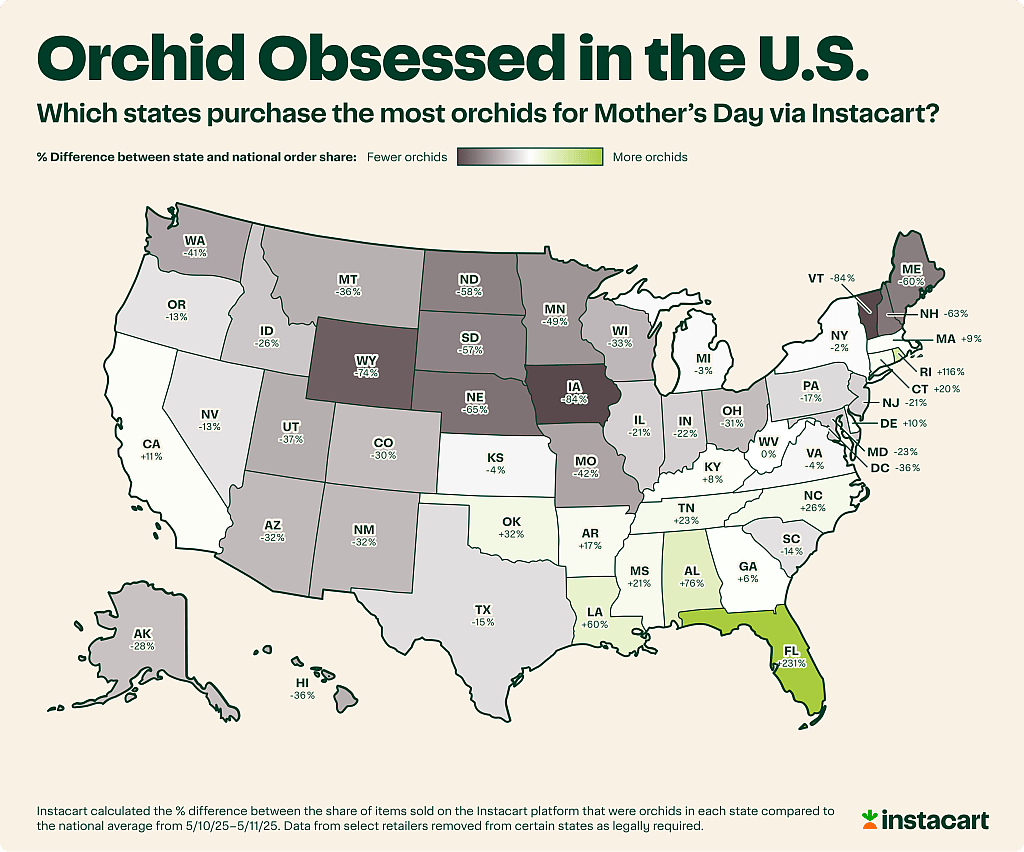 Data map showing which states purchase the most orchids for Mother's Day via Instcart.