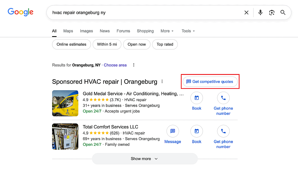 A screenshot of a Google LSA's competitive quote feature from a search result.