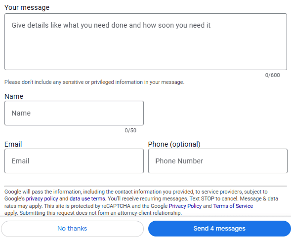 A screenshot of a Google LSA's competitive quote form. 