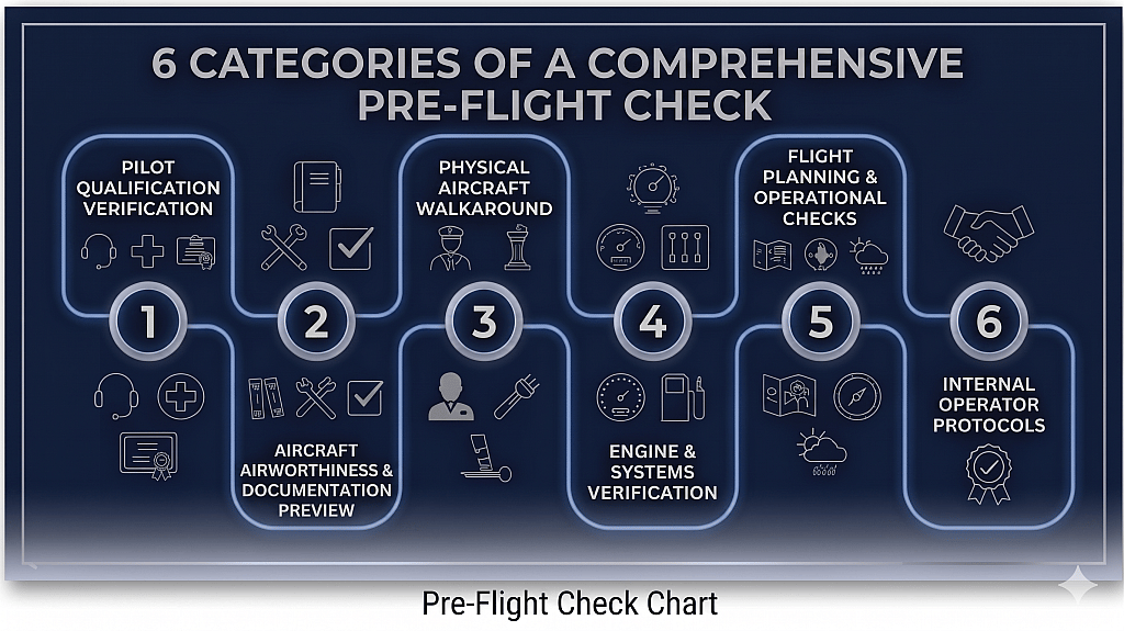 An infographic showing the six categories of a comprehensive pre-flight check.