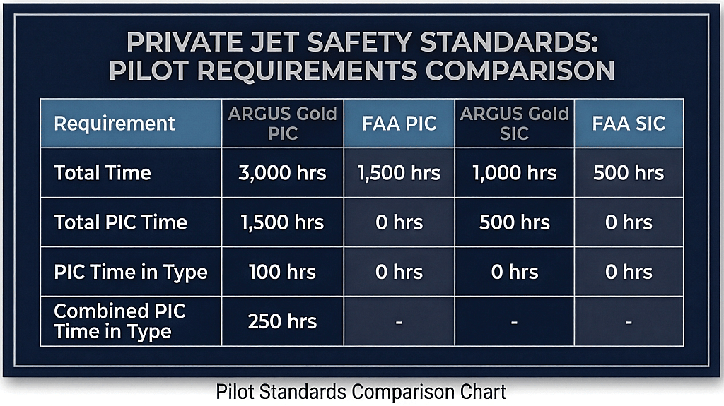 A comparison table showing pilot requirements in private jet safety standards.