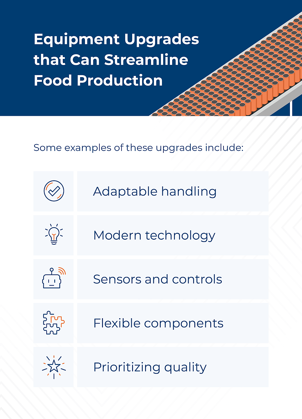 An infographic citing examples of equipment upgrades for a streamlined food production.