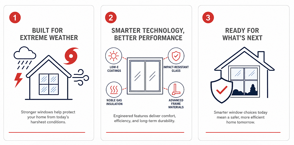 An infographic showing factors that influence modern window design and home resilience from different weather patterns.