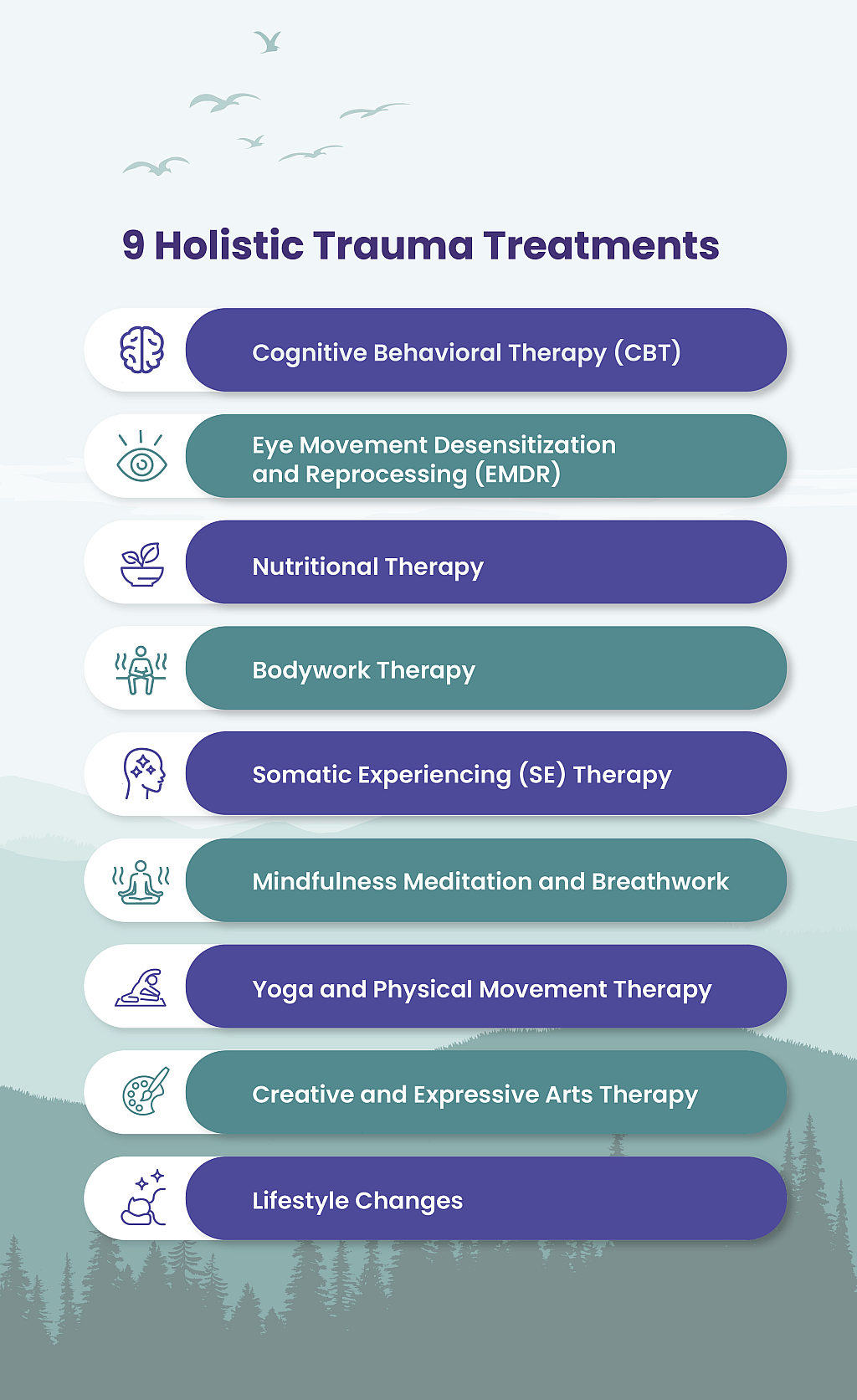 An infographic citing 9 holistic treatments for trauma healing.