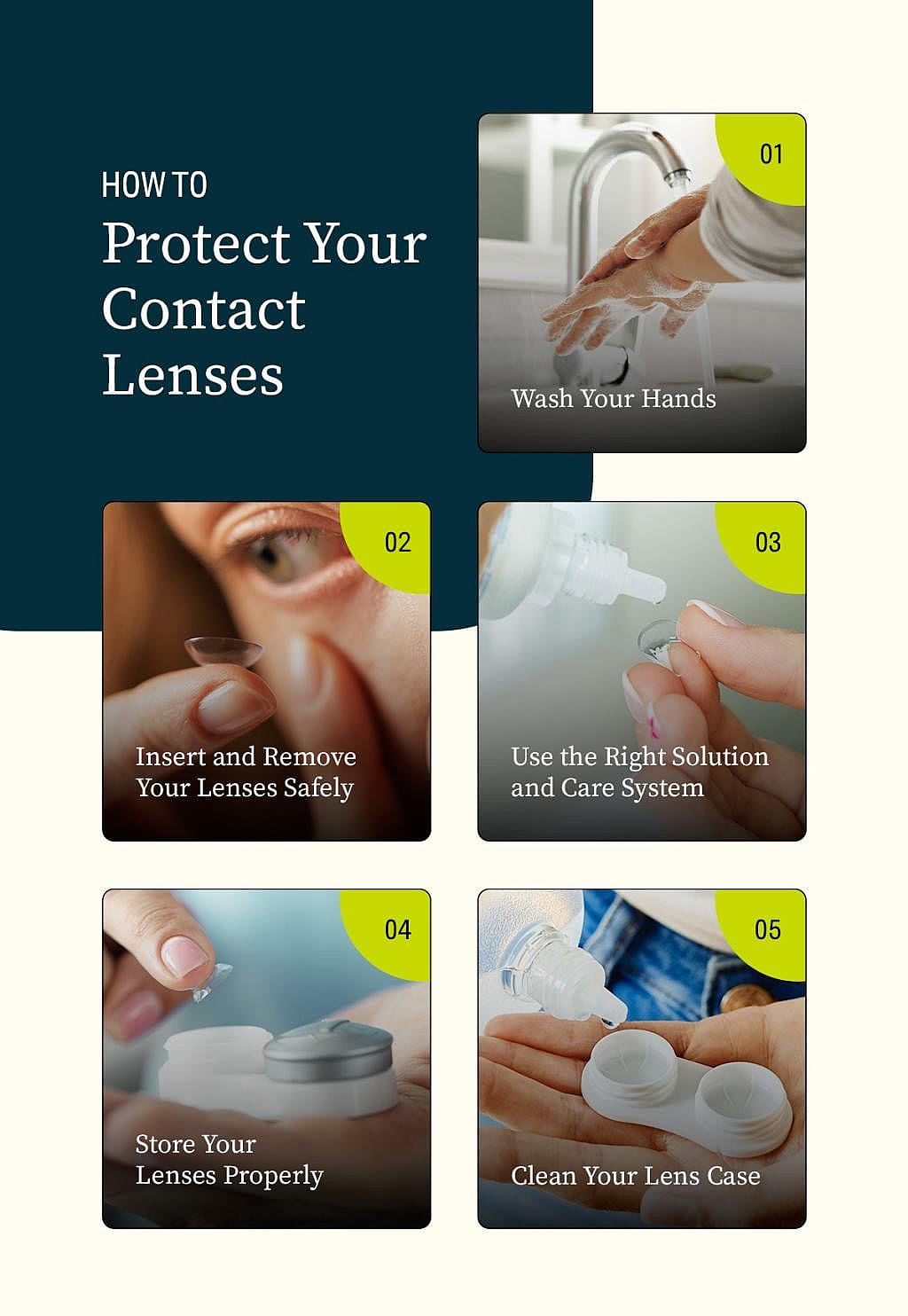 An infographic showing on how to protect your contact lenses properly.
