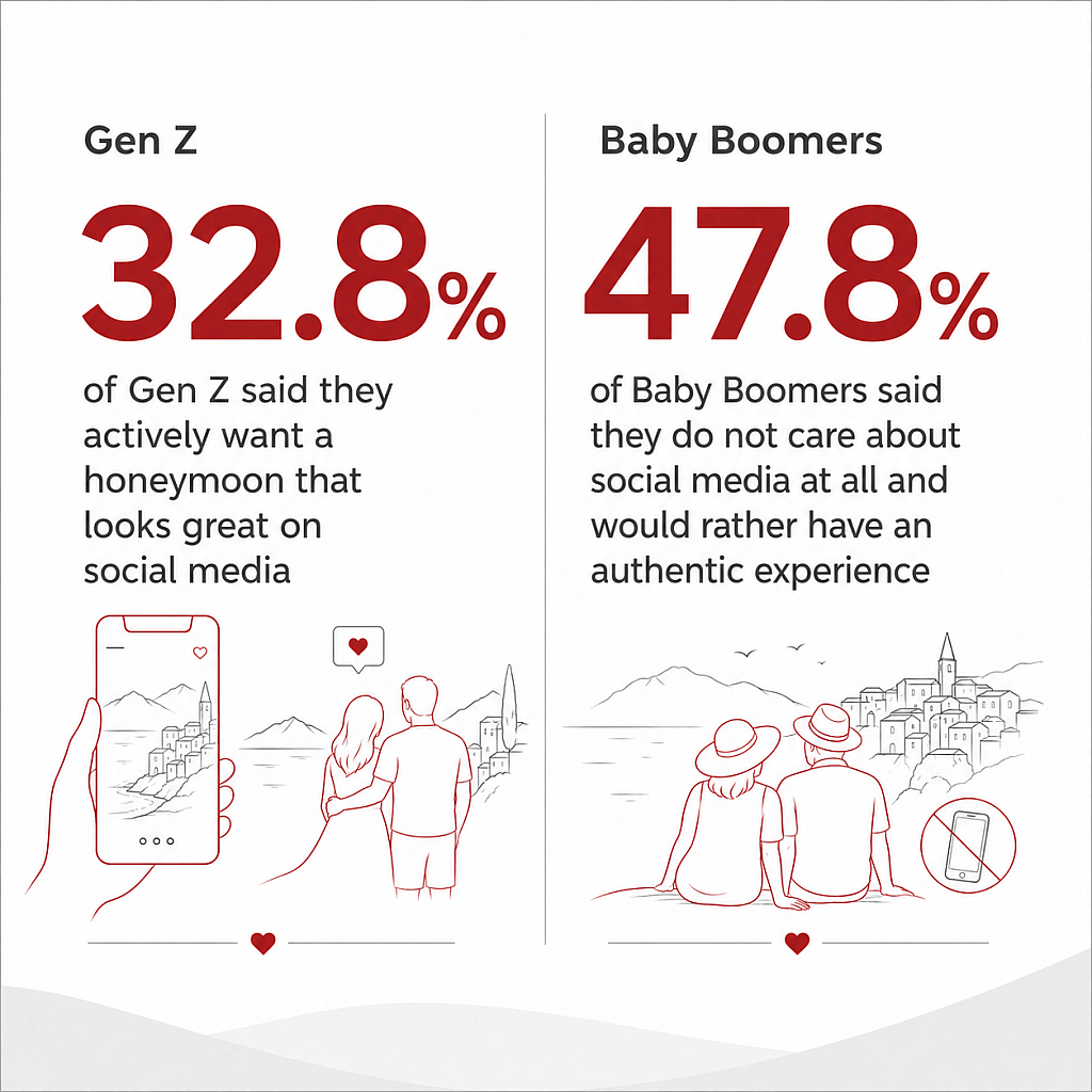 Infographic stating that 32.8% of Gen Z said they actively want a honeymoon that looks great on social media while 47.8% of Baby Boomers said they do not care about social media at all and would rather have an authentic experience.