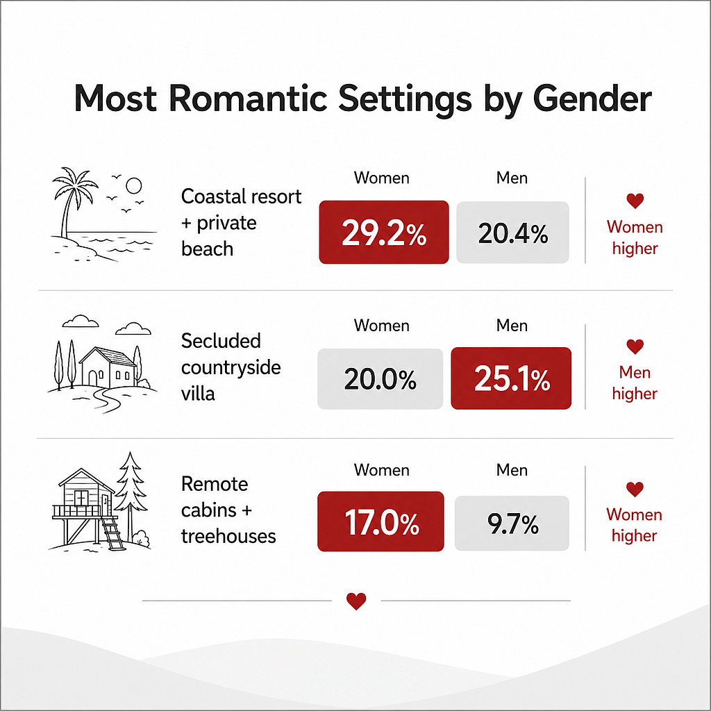 Infographic showing data on the most romantic settings by gender.