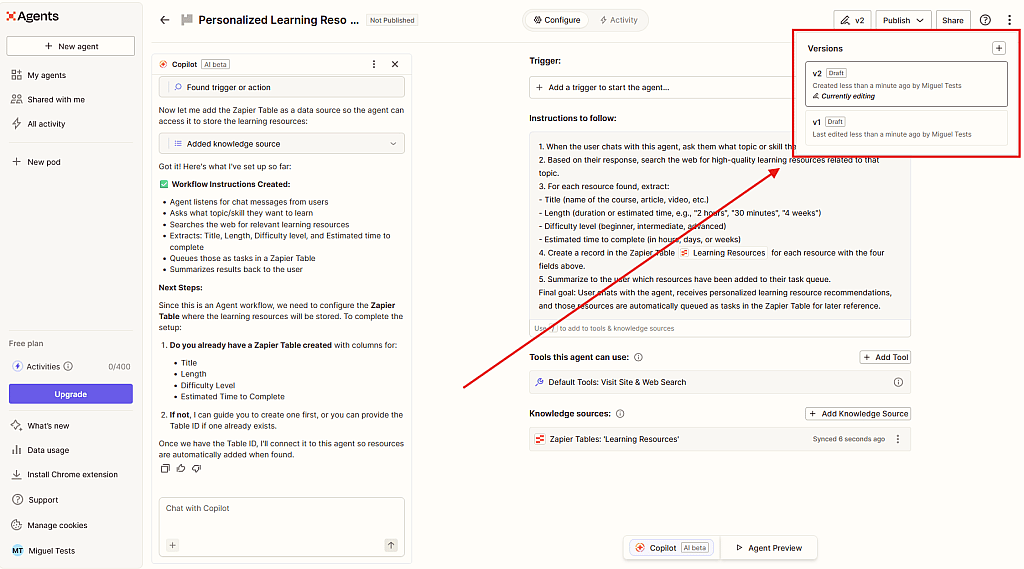 A sample screenshot on how to add version control and how to set up a sandbox for an AI agent.
