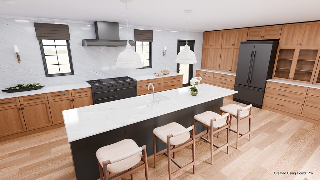 A kitchen with white marble backsplash and a marble-topped breakfast bar.