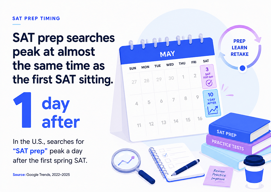 An infographic stating that SAT prep searches peak at almost the same time as the first SAT sitting.