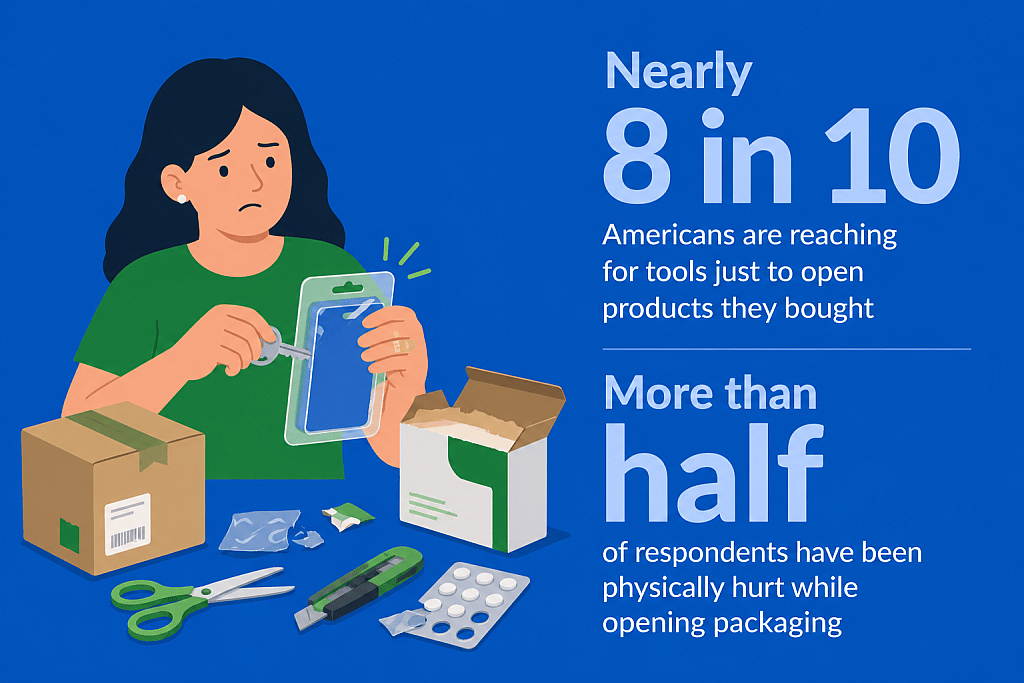 Infographic stating that nearly 8 in 10 Americans are reaching for tools just to open products they bought.