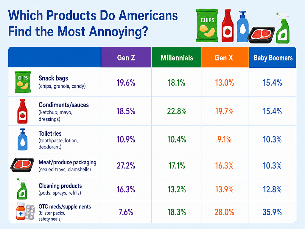An infographic showing the products Americans find the most annoying to open, based on generation group.