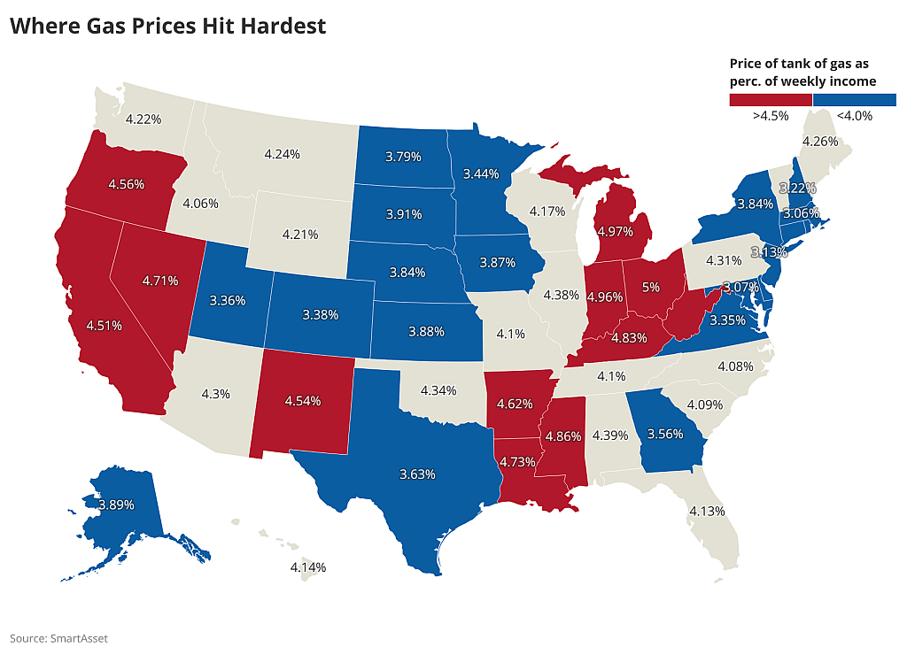 A data map of the US showing the states where gas prices are hit hardest. Red shows the states where prices increased at more than 4.5%, blue shows the states that are at 4.0%.