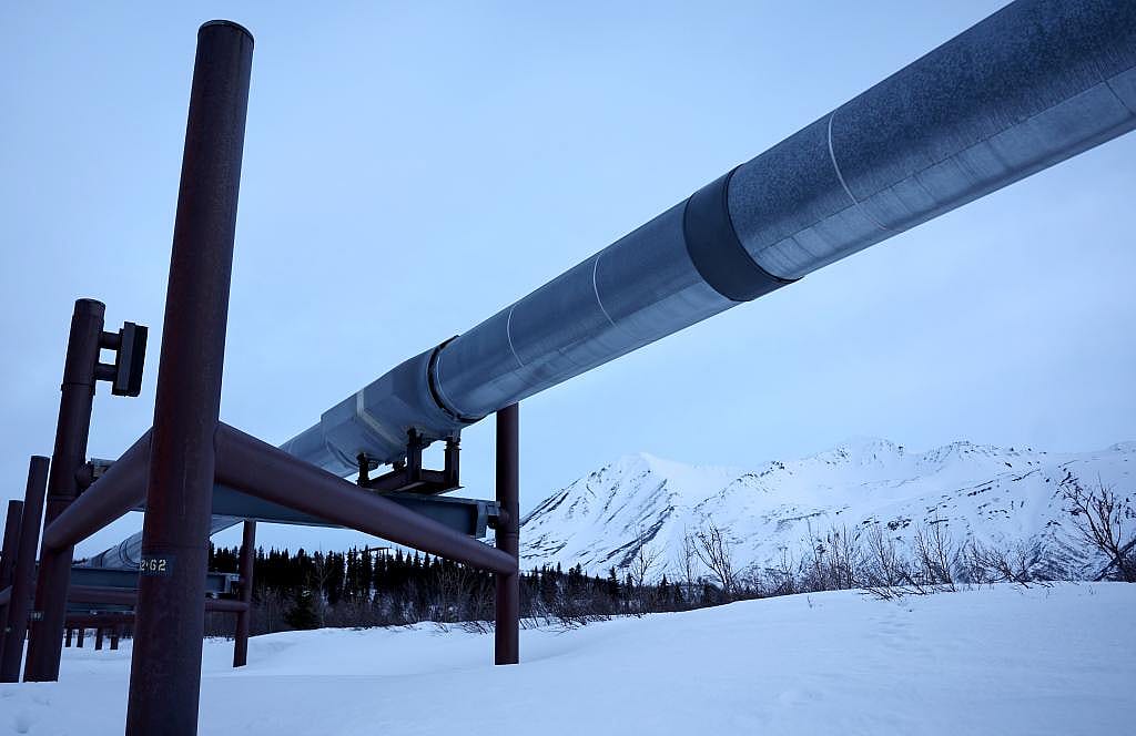 A part of the Trans Alaska Pipeline System along the Alaska Range mountains near Delta Junction, Alaska, USA.