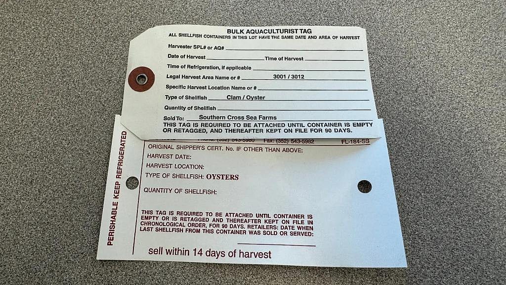 Shellfish tags used to keep track of where and when shellfish is harvested.