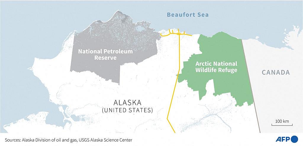 A map showing the National Petroleum Reserve and the Arctic National Wildlife Refuge location in Alaska, USA.