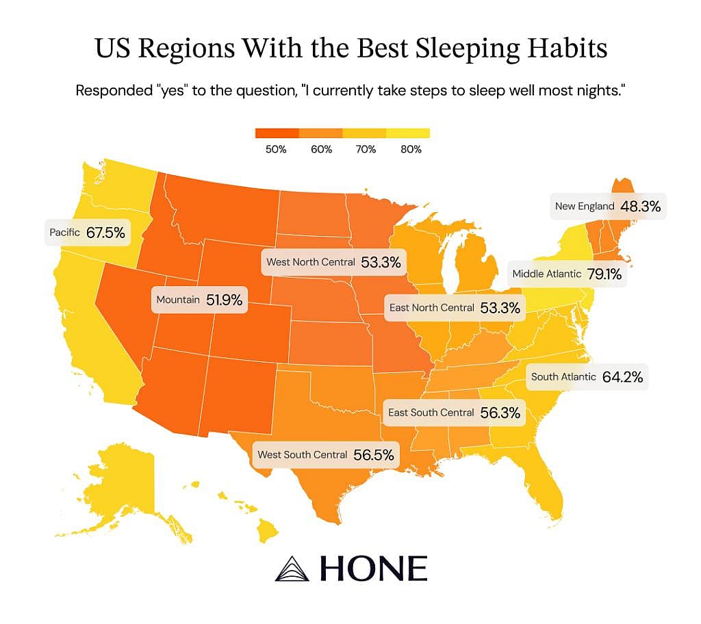 A data map of the US showing the regions with the best sleeping habits.