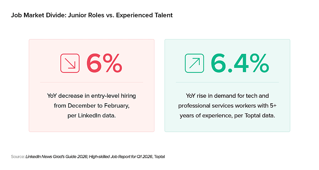 An infographic revealing data on the job market divide (junior roles vs. experienced talent).