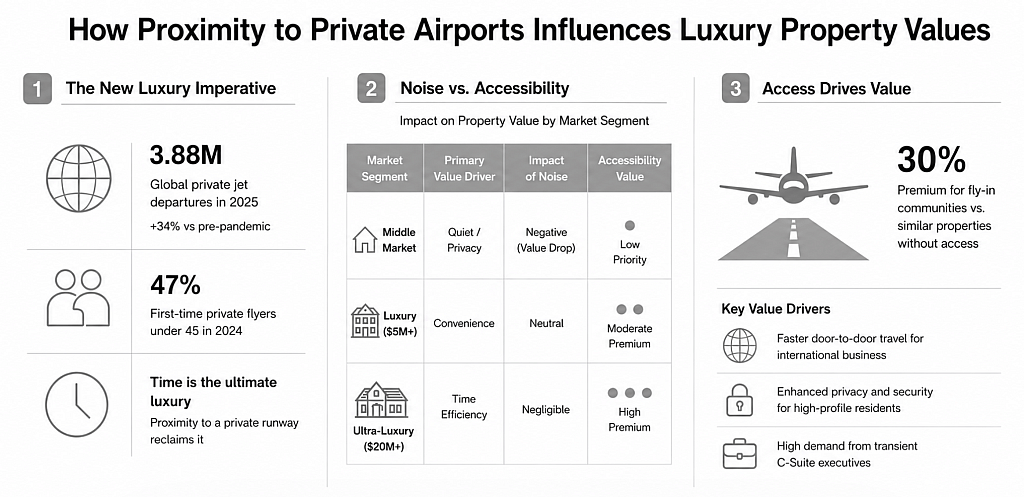An infographic showing factors how proximity to private airports influences luxury property values.