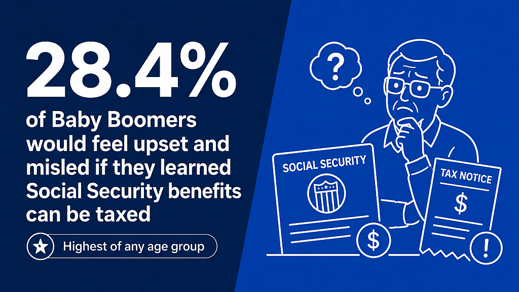 An infographic stating that 28.4% of Baby Boomers would feel upset and misled if they learned Social Security benefits can be taxed.