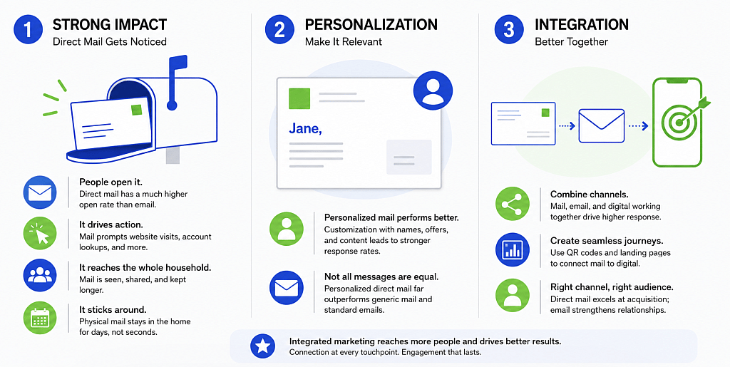 Infographic showing overview of how direct mail can deliver a strong impact to be noticed and kept relevant.