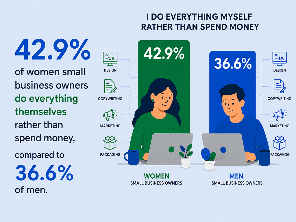 An infographic stating that 42.9% of women small business owners do everything themselves rather than spend money compared to 36.6% of men.