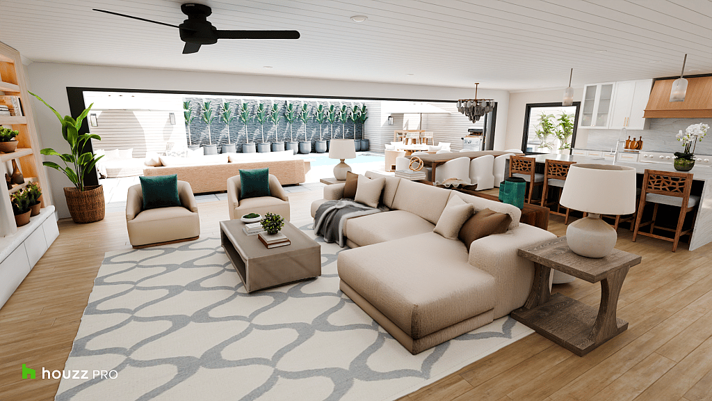 A Floridian-inspired open plan of living and dining areas by Anna Gray Designs.