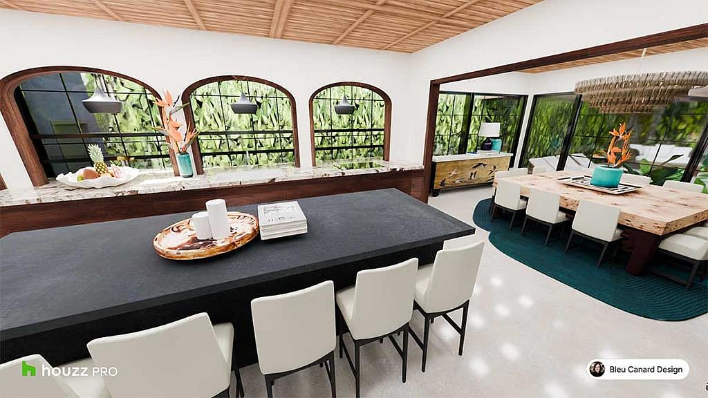Tropical dining areas openly connected with each other by Bleu Canard Design.
