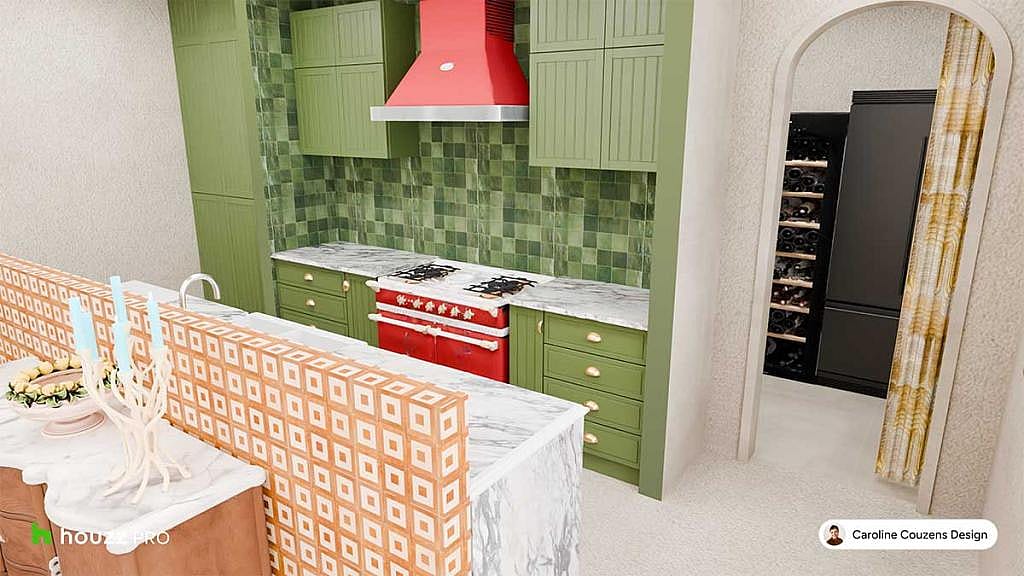 An Italian kitchen space connected to a classic archway by Caroline Couzens Design.