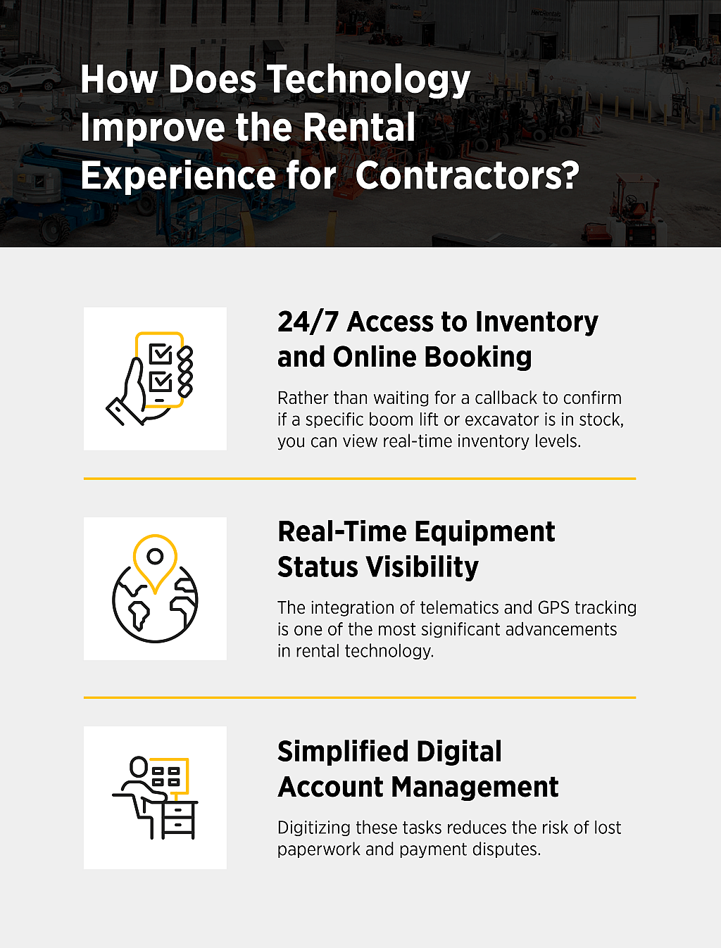 An infographic listing how technology improves the rental experience for contractors.