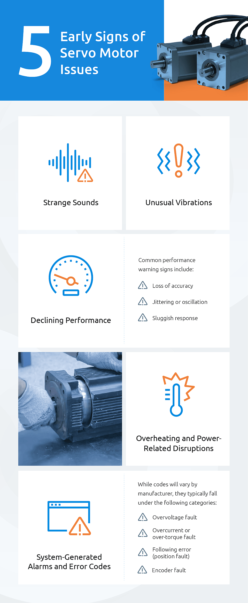 An infographic showing the five early signs of servo motor issues.