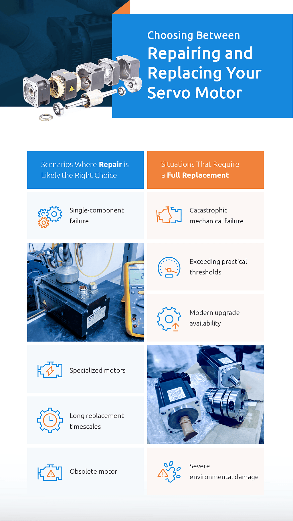 An infographic defining when or how to choose between repairing and replacing your servo motor.
