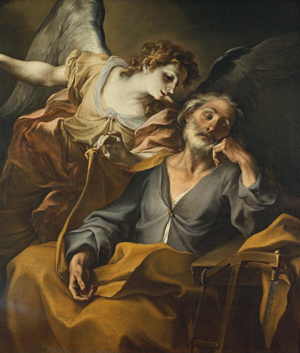 An oil painting on canvas depicting the dream of St. Joseph while he is being visited by an angel, also known as Legnanino, by Italian painter Stefano Maria Legnani.