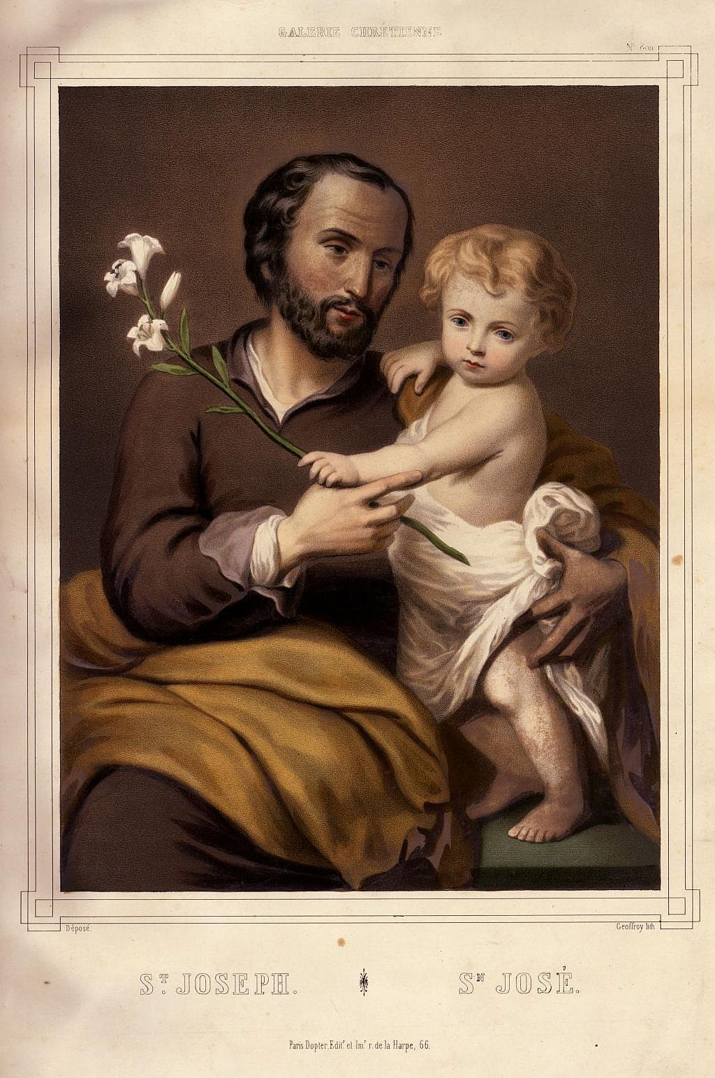 A lithograph print of St. Joseph carrying infant Jesus while holding a jasmine stalk.