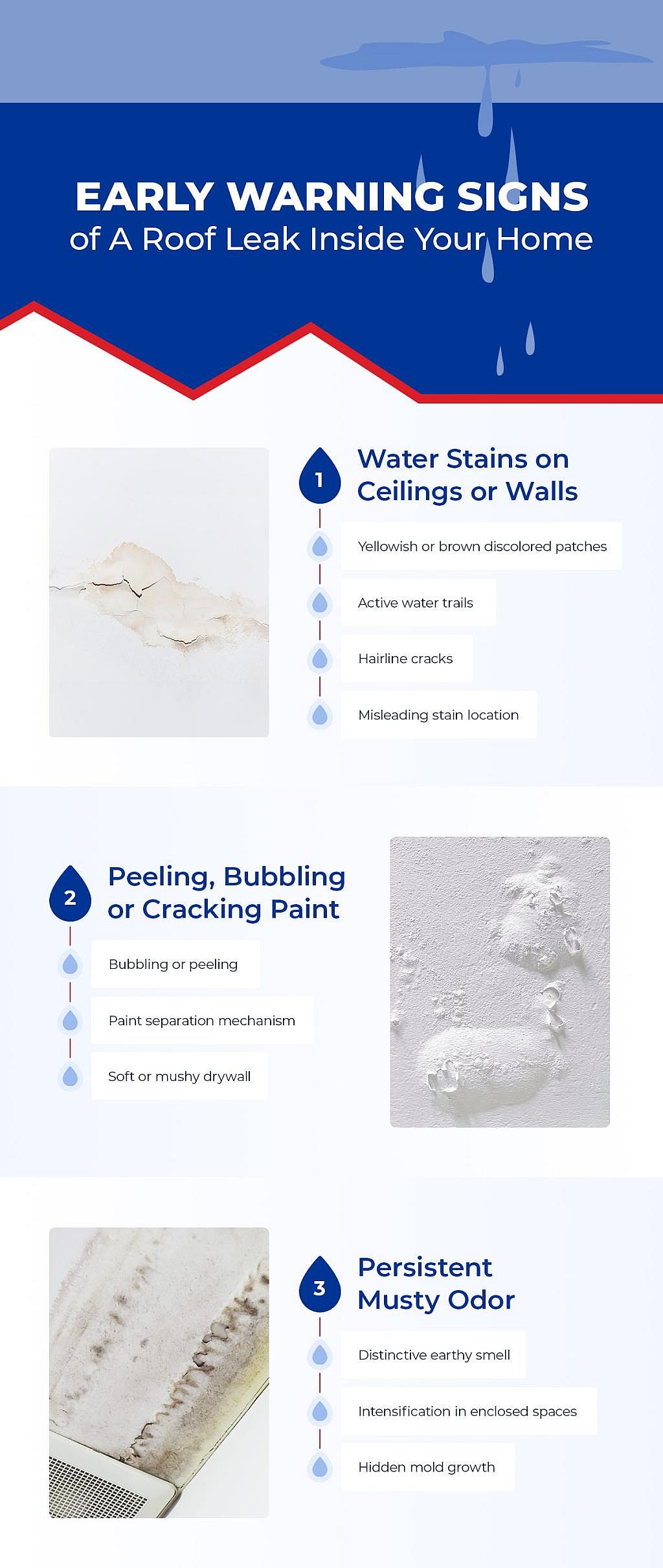 An infographic showing the early warning signs and things to check of a roof leak in a home.