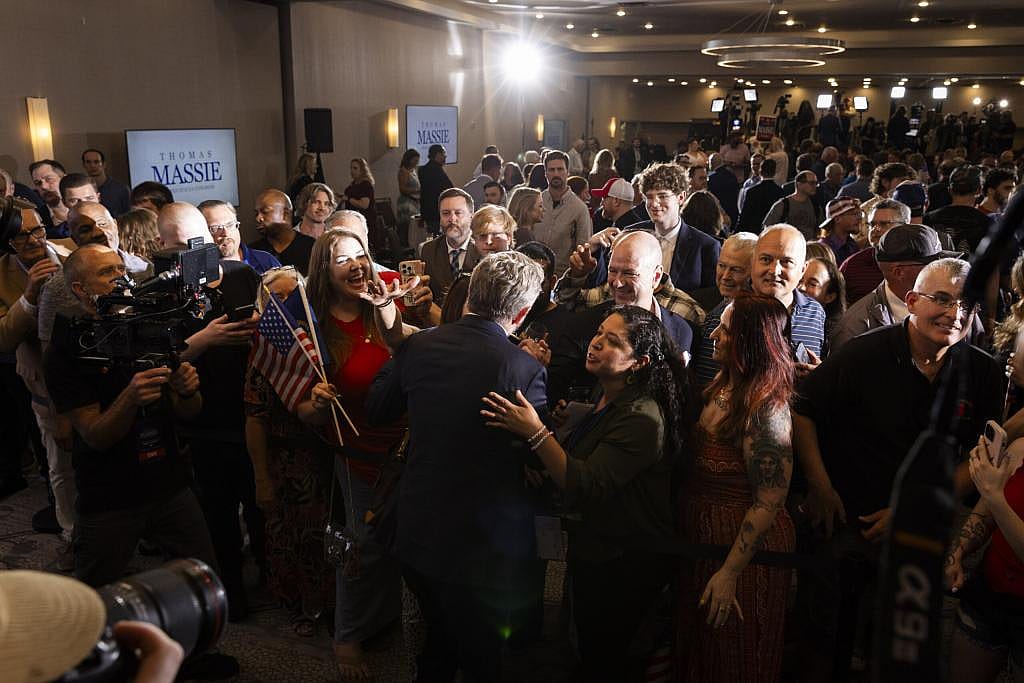 U.S. Rep. Thomas Massie speaks with his supporters after his concession speech at his watch party in Hebron, Kentucky.