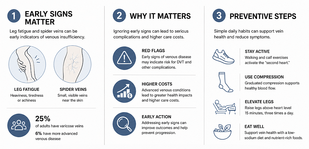 An infographic on the early signs and preventive steps of Chronic Venous Insufficiency (CVI).