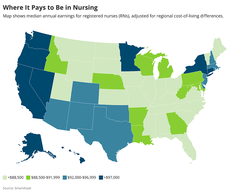 A data map of the US showing the states and the median annual earnings for registered nurses, adjusted for regional COL differences.